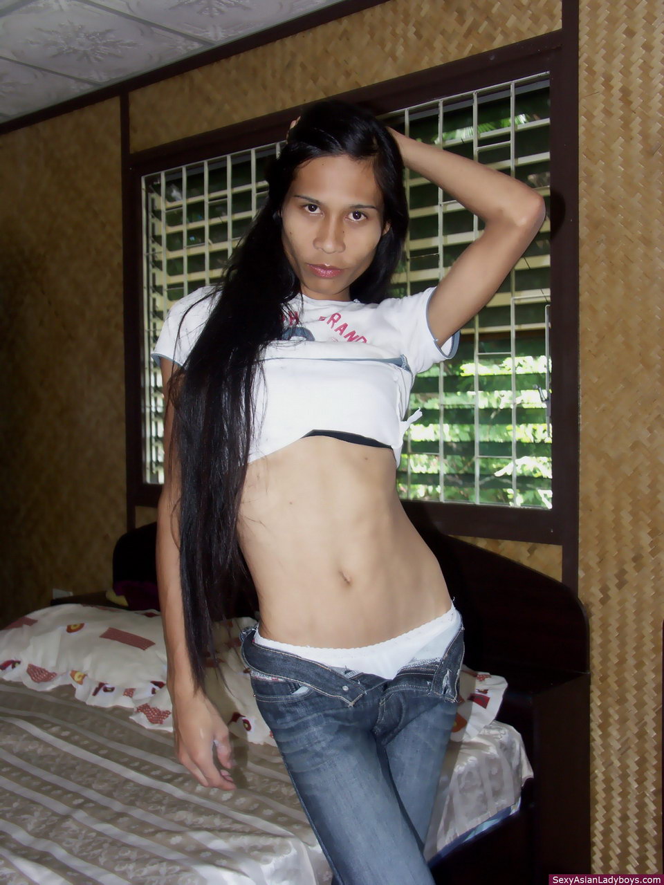 Asian Thai Ladyboy - Very skinny Thai ladyboy stripping for us